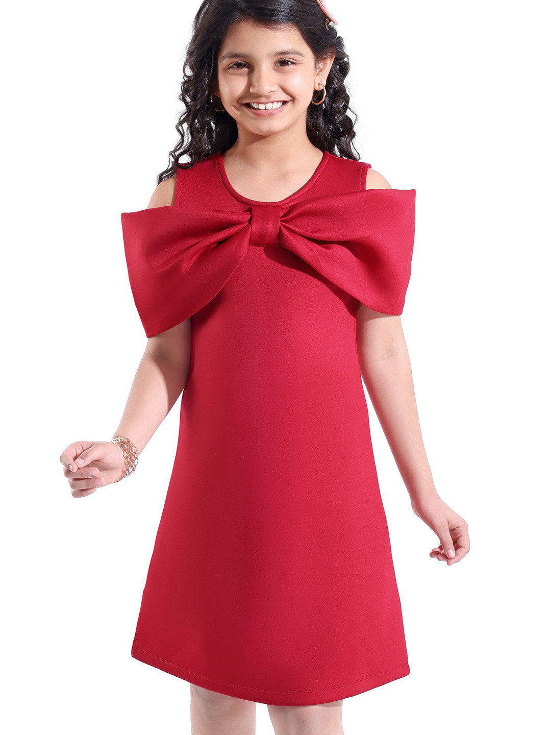 

Hola Bonita Girls Cold-Shoulder A-Line Dress with Oversized Bow, Red