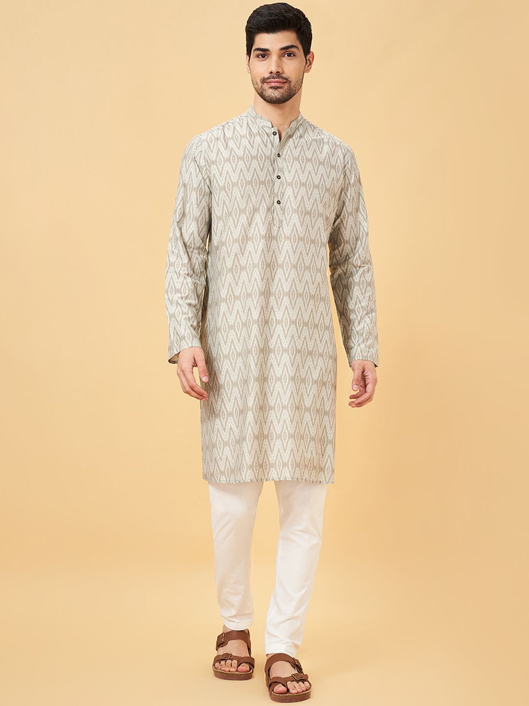 

indus route by Pantaloons Geometric Printed Mandarin Collar Straight Kurta, Grey