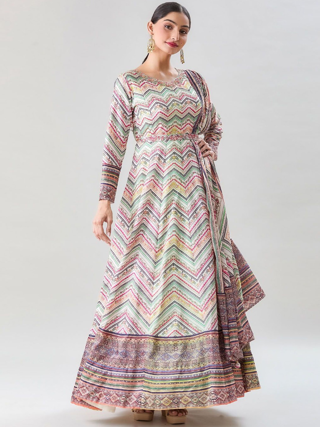 

Meena Bazaar Women Printed Empire Sequinned Kurta with Churidar & With Dupatta, White