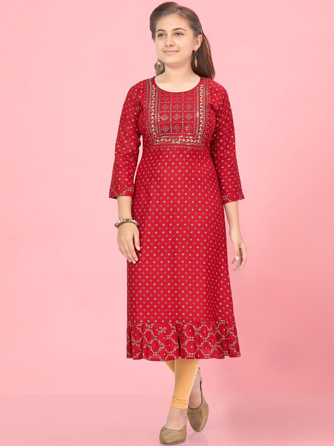 

BAESD Girls Ethnic Motifs Printed Round Neck Thread Work Cotton Anarkali Kurta, Maroon