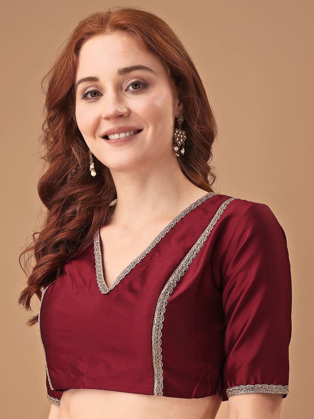 

Tikhi Imli Embellished Short Sleeves Saree Blouse, Maroon