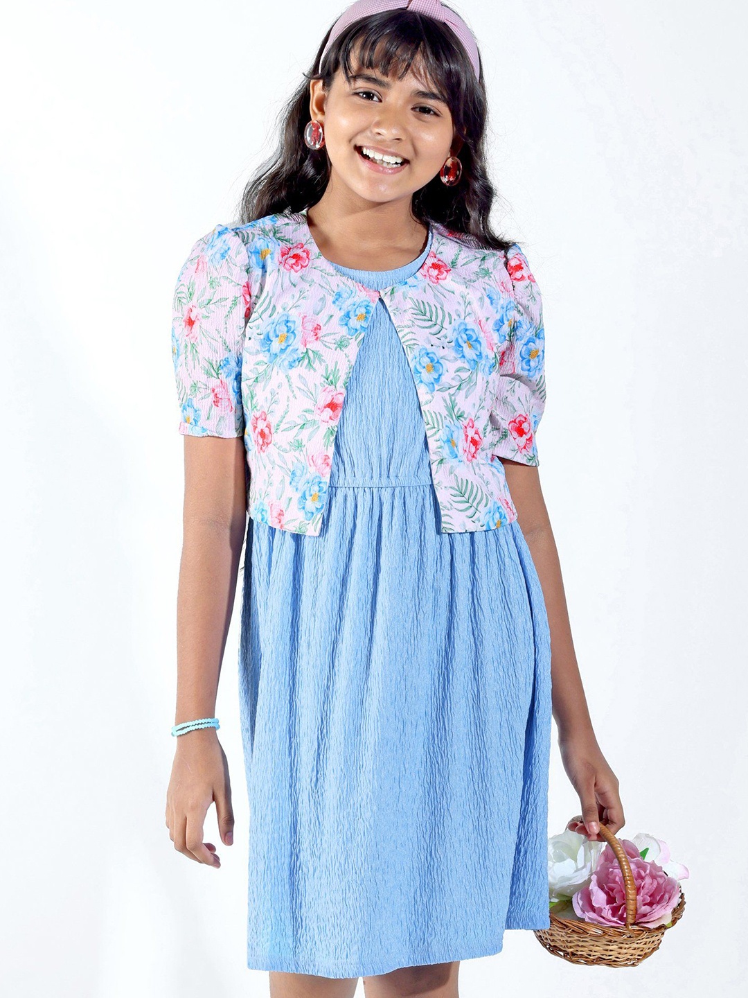 

Hola Bonita -Girls Floral Printed Fit and Flare Dress With Jacket, Blue