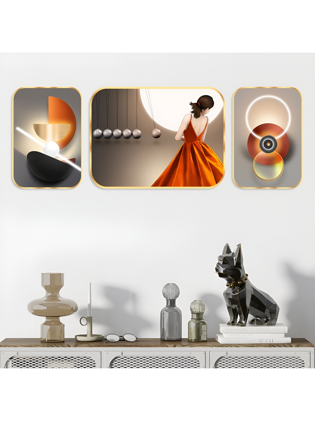

SAF Black & Orange 3 Piece Wood Abstract Wall Paintings