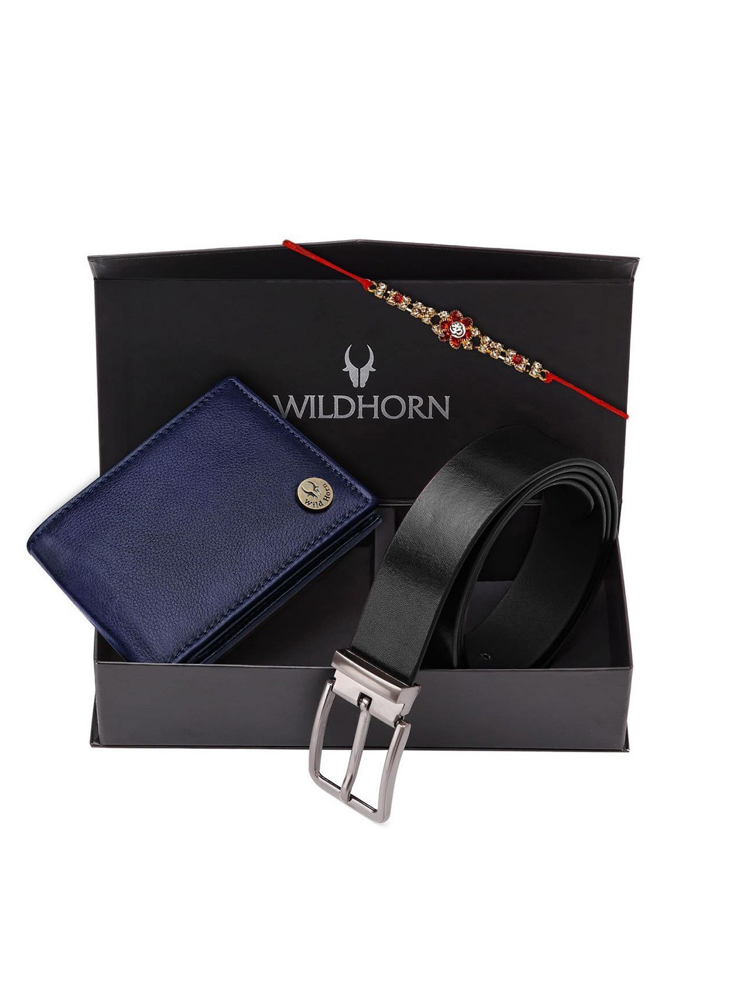 

WildHorn Men Accessory Gift Set Of Wallet Belt & Rakhi, Blue