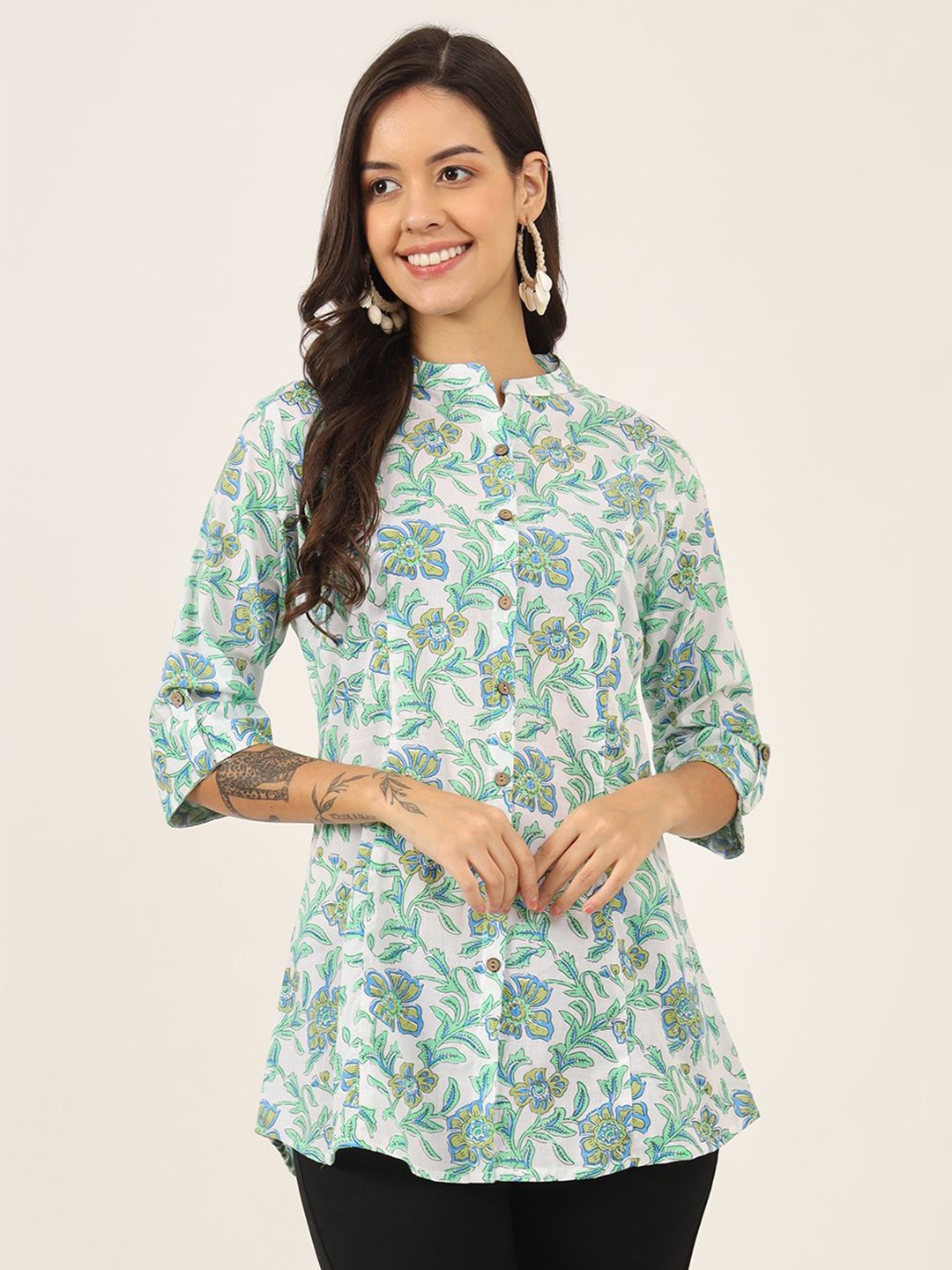 

KALINI Women Floral Printed Mandarin Collar Cotton Top, Green