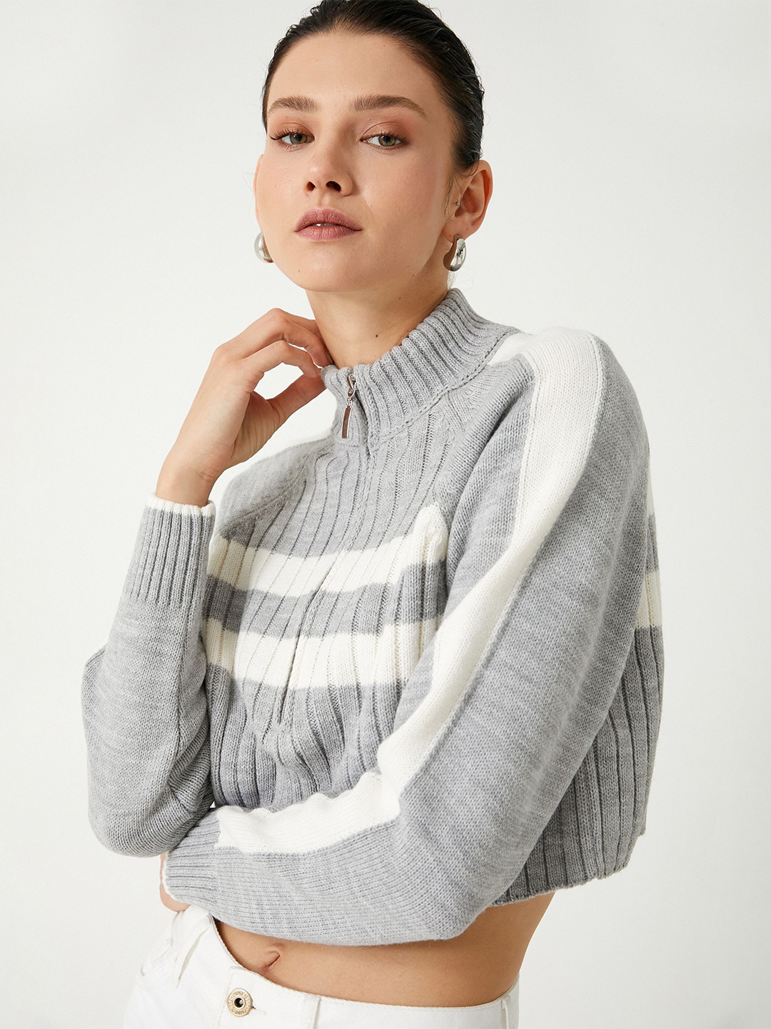 

Koton Women Striped Crop Pullover with Zip Detail Detail, Grey
