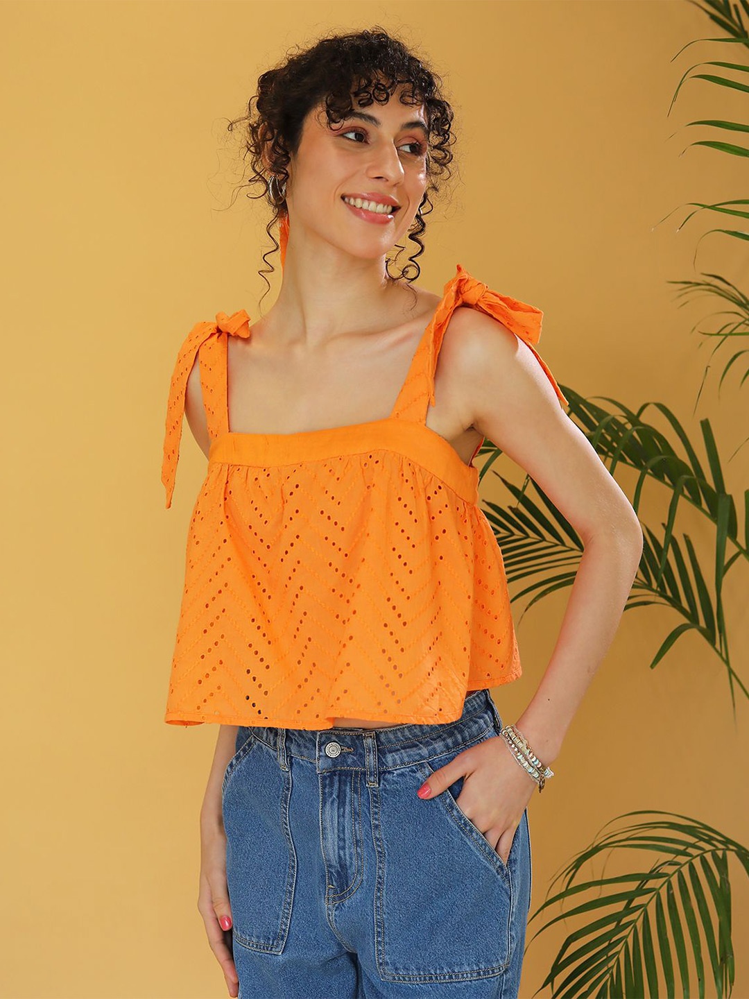 

DressBerry Women Self Design Schiffli Shoulder Straps Cotton Crop Top, Orange