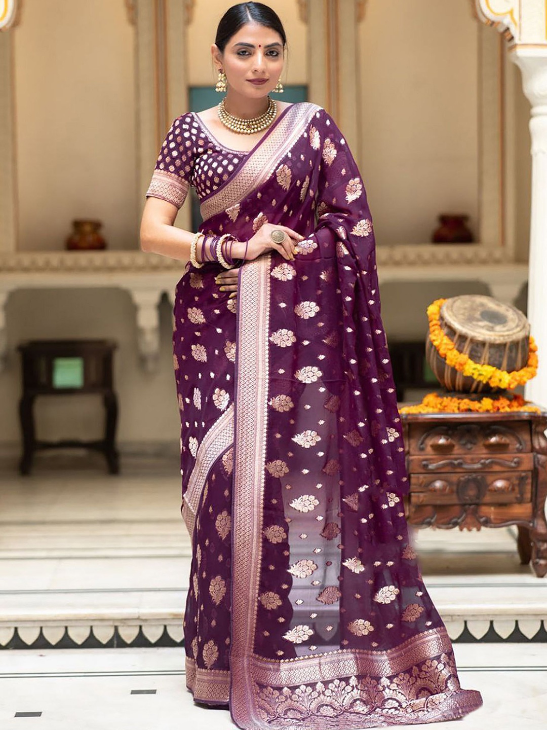 

Anjaneya Sarees Woven Design Zari Banarasi Saree, Purple