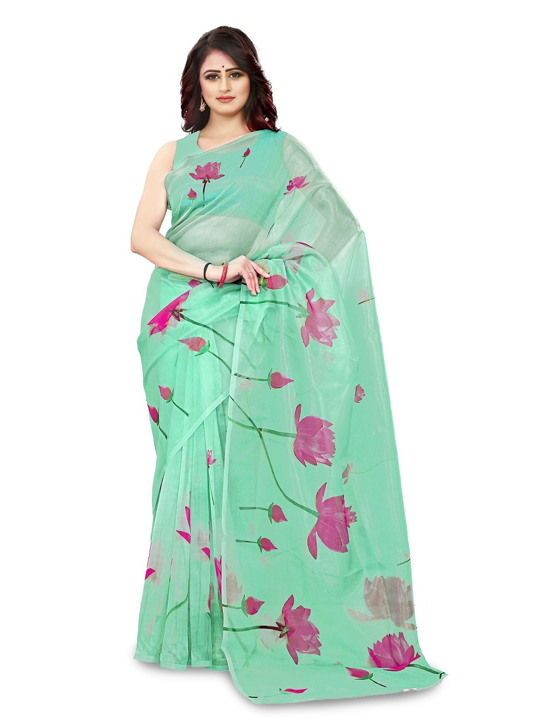 

BAESD Printed Floral Organza Saree, Green