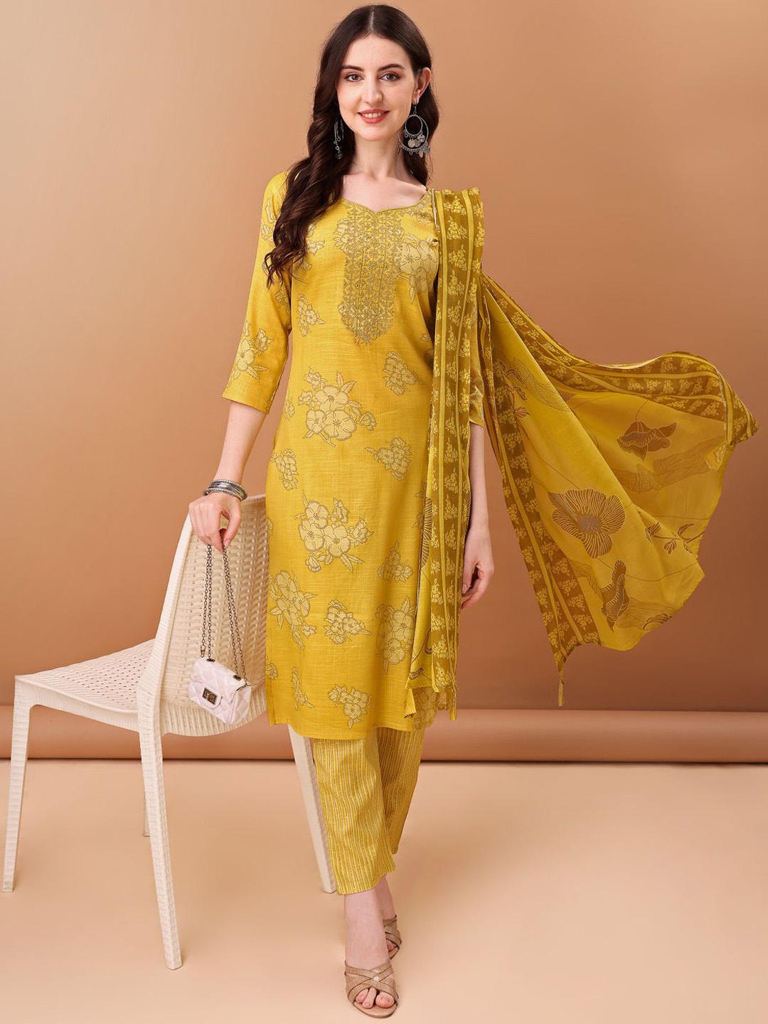 

KALINI Floral Printed Straight Kurta with Trousers & Dupatta, Yellow