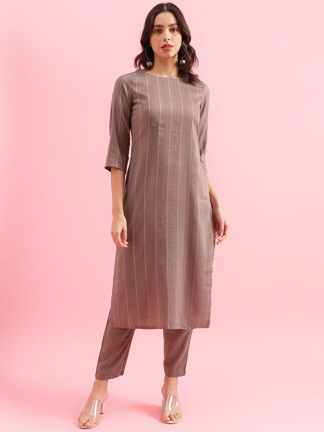 

KALINI Striped Woven Design Kurta with Trousers, Grey