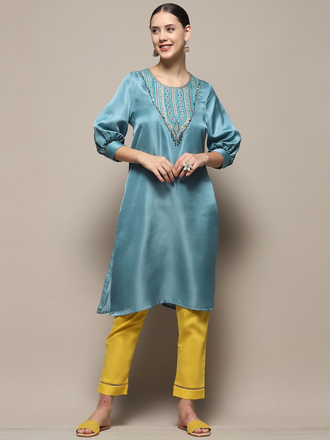 

Biba Geometric Yoke Design Puff Sleeves Beaded Satin A-Line Kurta, Blue