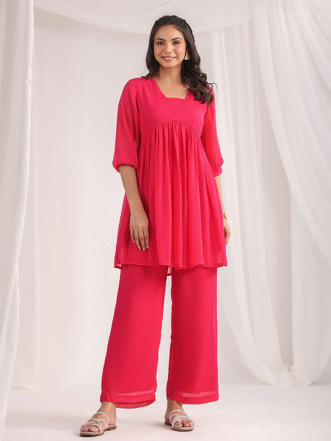 

Janasya Self Design Square Neck Georgette Tunic With Trousers, Pink