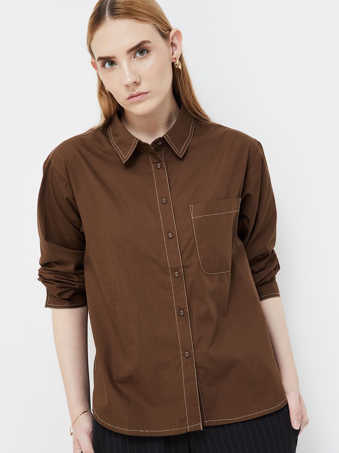 

CODE by Lifestyle Women Solid Shirt Collar Cotton Top, Brown