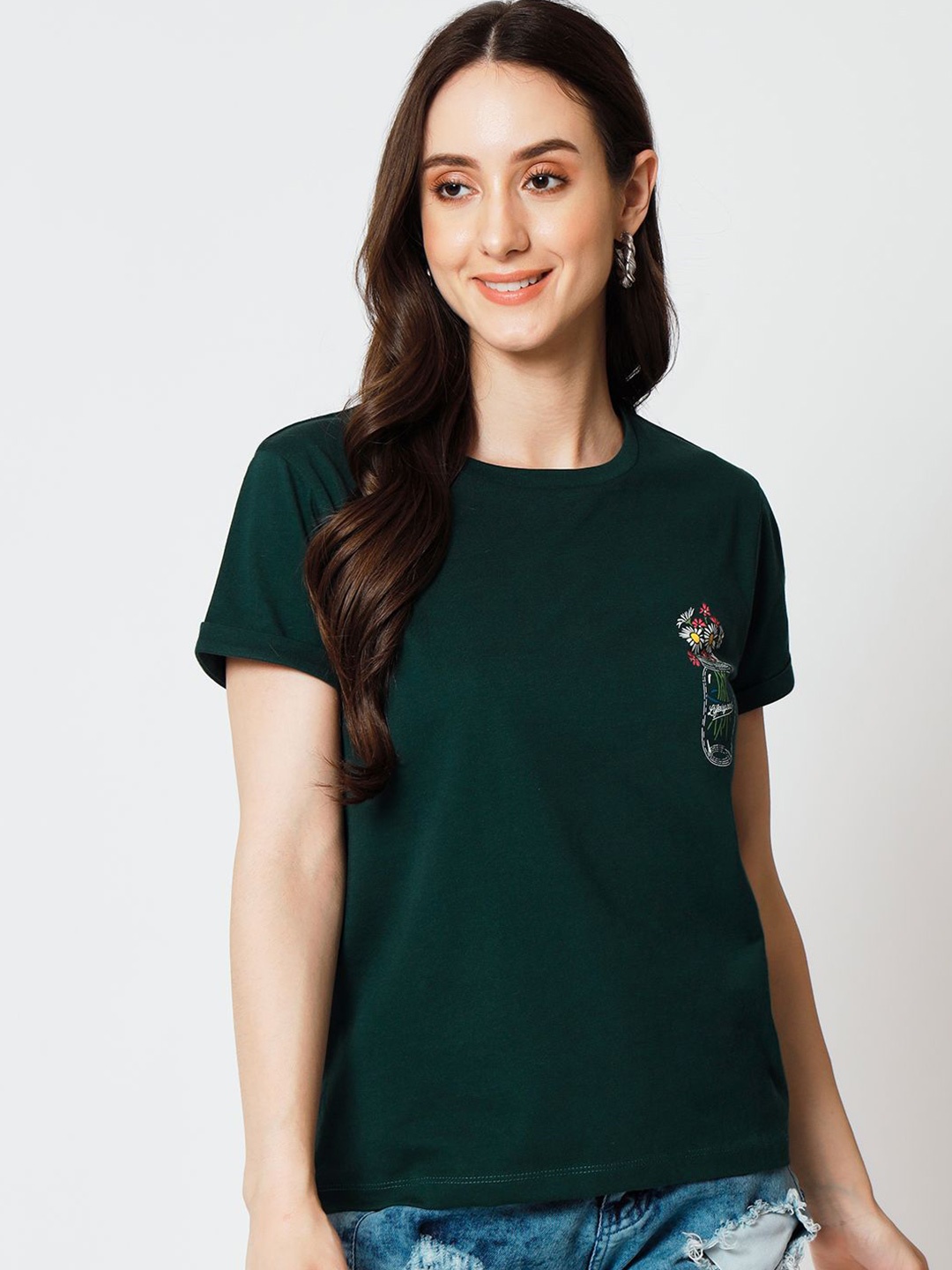 

Yaadleen Women Floral Printed Round Neck Cotton Top, Green