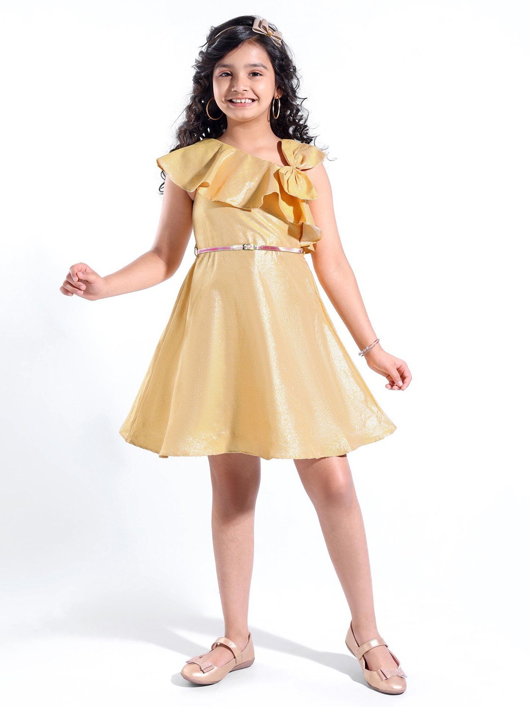 

Hola Bonita Girls Flutter Sleeve Fit & Flare Dress With Comes with a belt, Gold