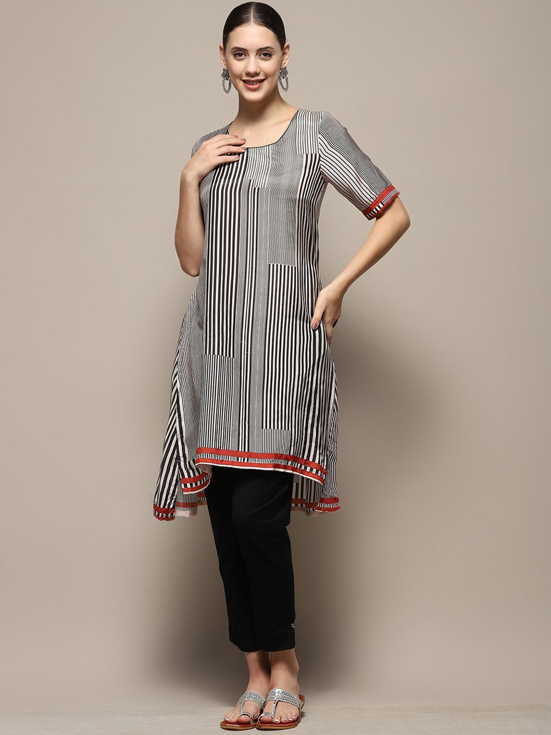 

Biba Striped Round Neck High Low A-Line Kurta, Black