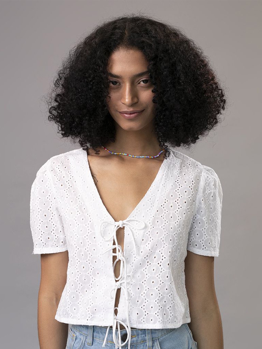 

DressBerry Women Self Design Schiffli Tie-Up Neck Cotton Top, White