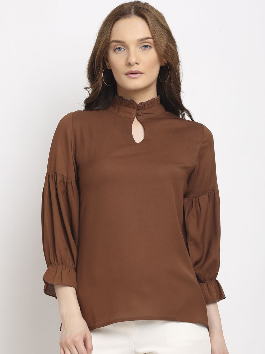 

La Zoire Women Solid Keyhole Neck Top, Coffee brown