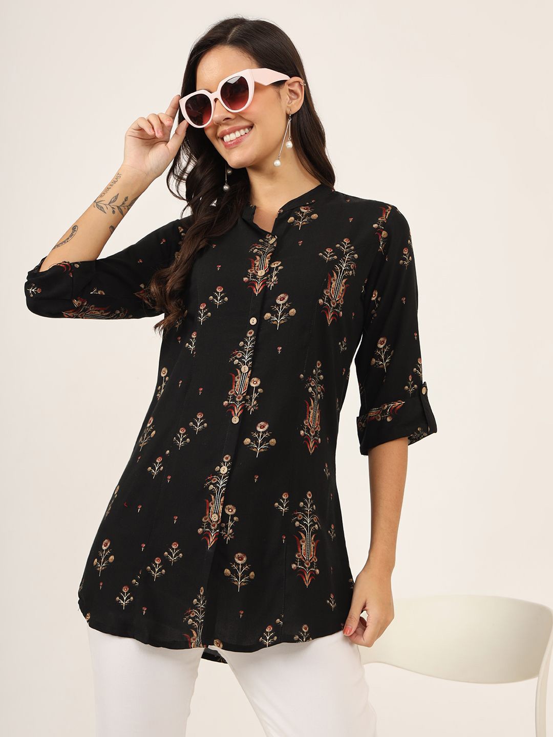 

KALINI Women Floral Printed Mandarin Collar Cotton Top, Black