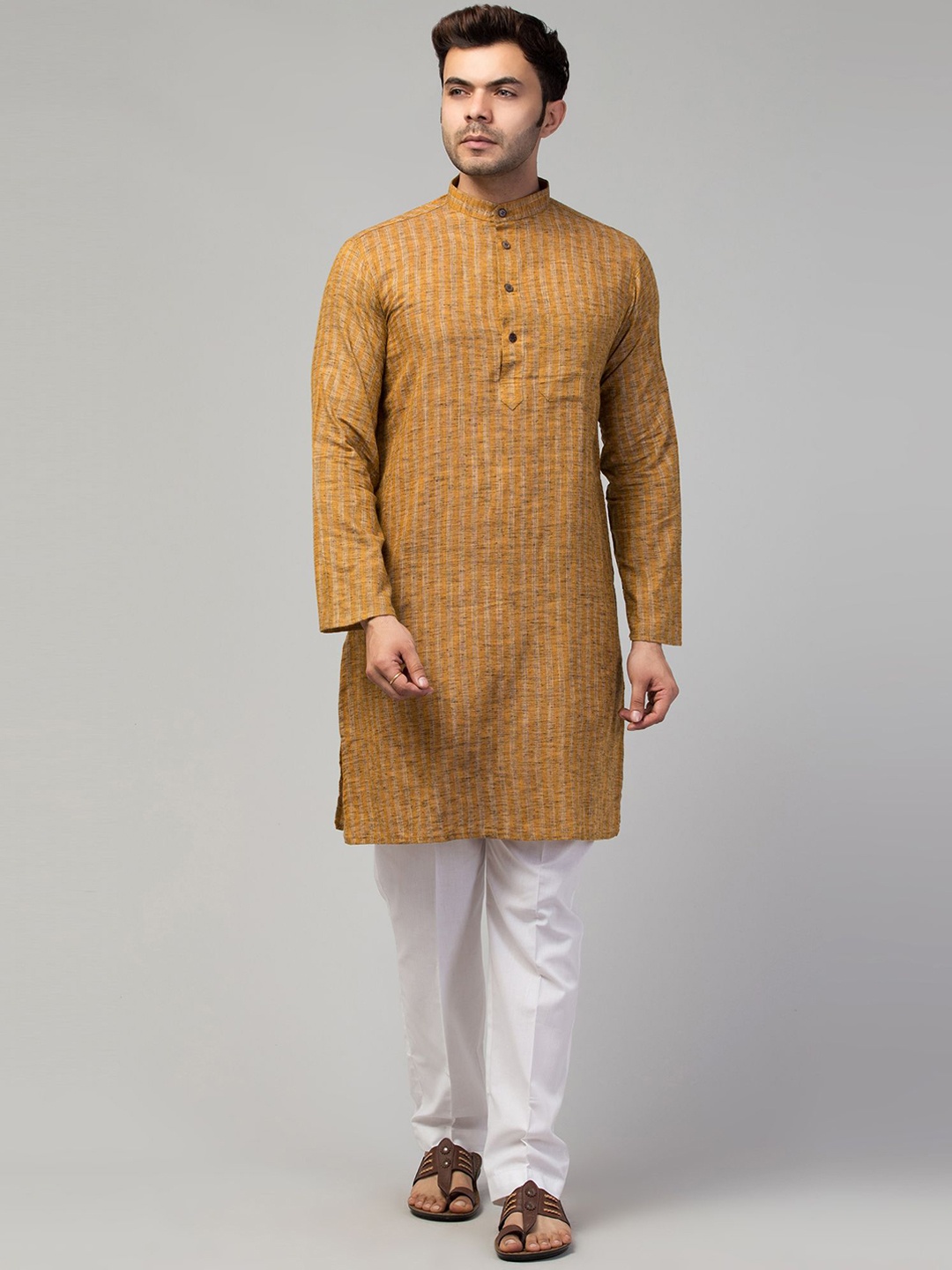 

MUSHKIYA Mandarin Collar Striped Pure Cotton Straight Kurta, Mustard