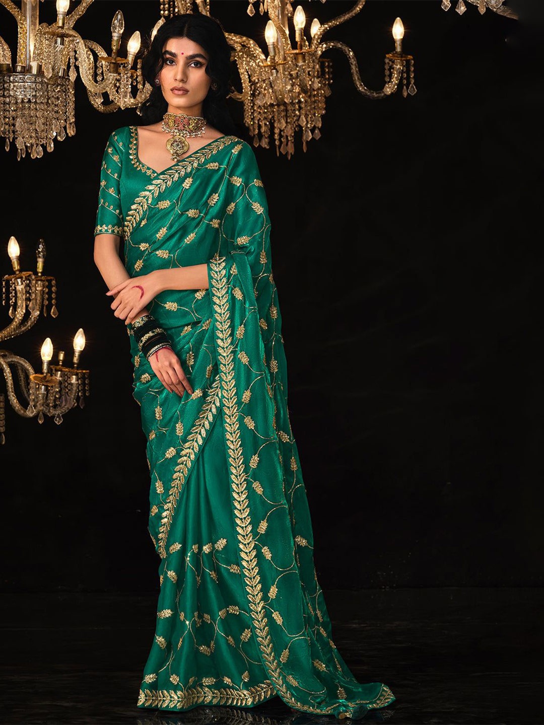 

MySilkLove Embroidered Ethnic Motifs Satin Saree, Green
