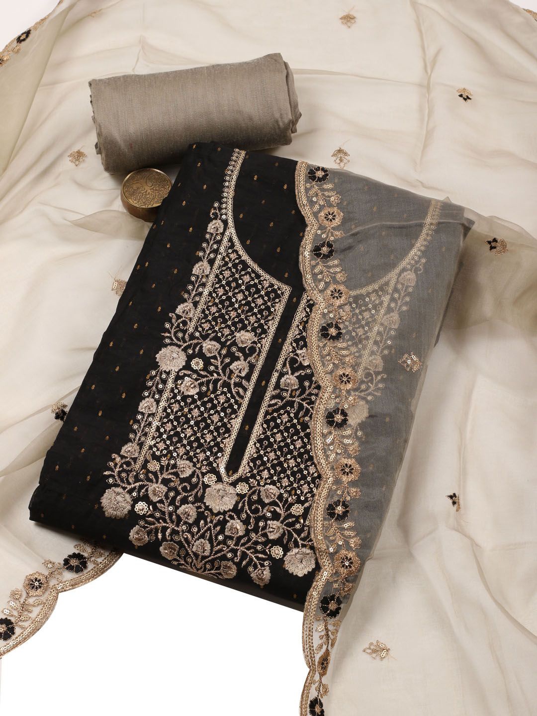 

Meena Bazaar Embroidered Art Silk Unstitched Dress Material, Black