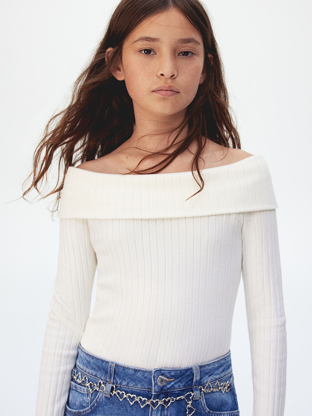 

H&M Girls Rib-Knit Off-The-Shoulder Top, White