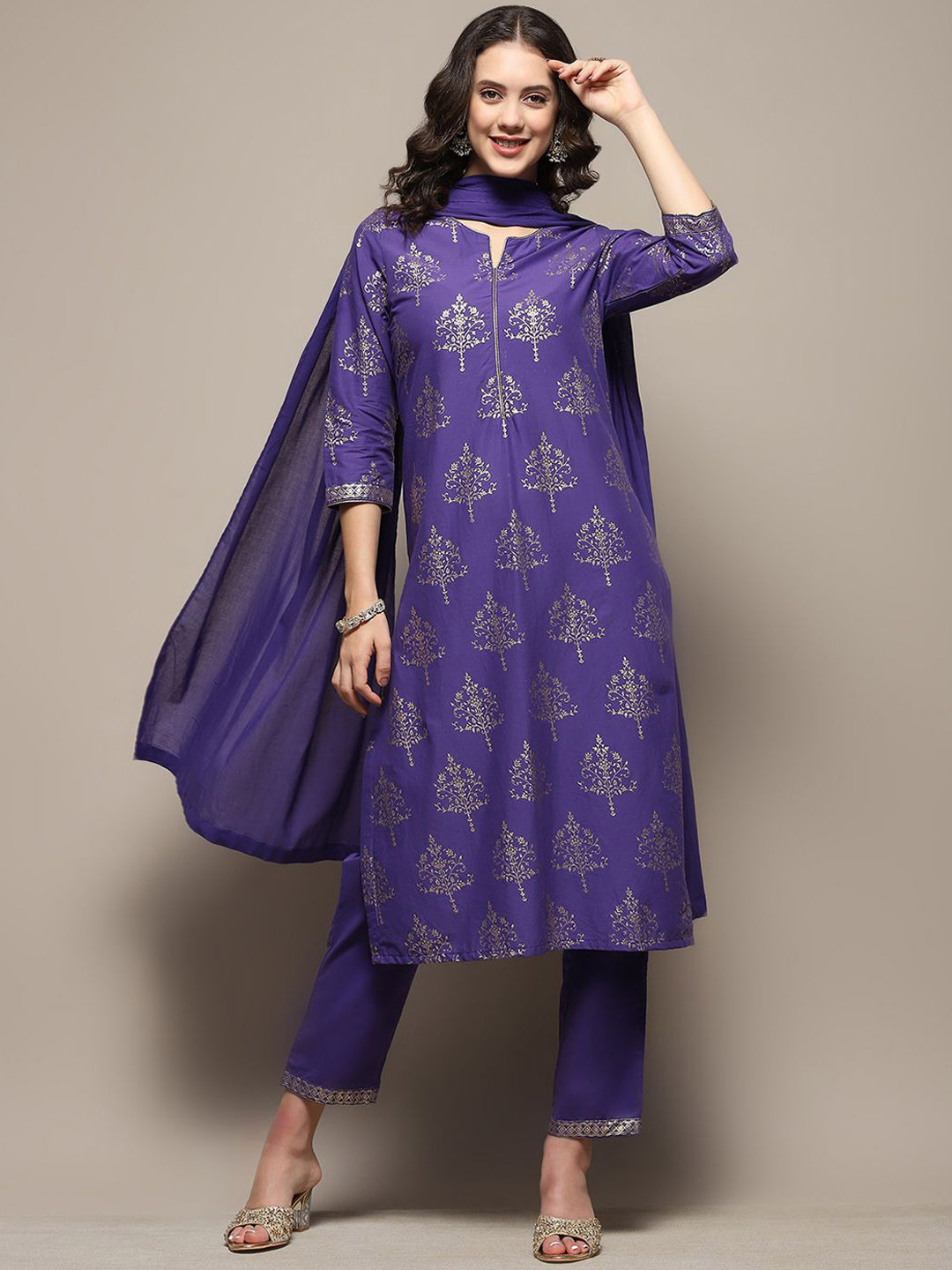 

Biba Women Ethnic Motifs Regular Pure Cotton Kurta with Trousers & With Dupatta, Purple