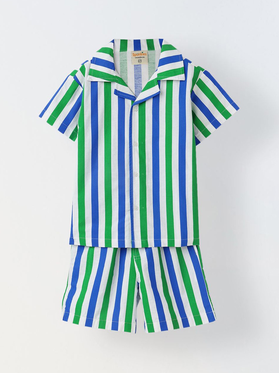 

SPUNKIES Girls Striped Pure Cotton Shirt and Shorts Set, Green