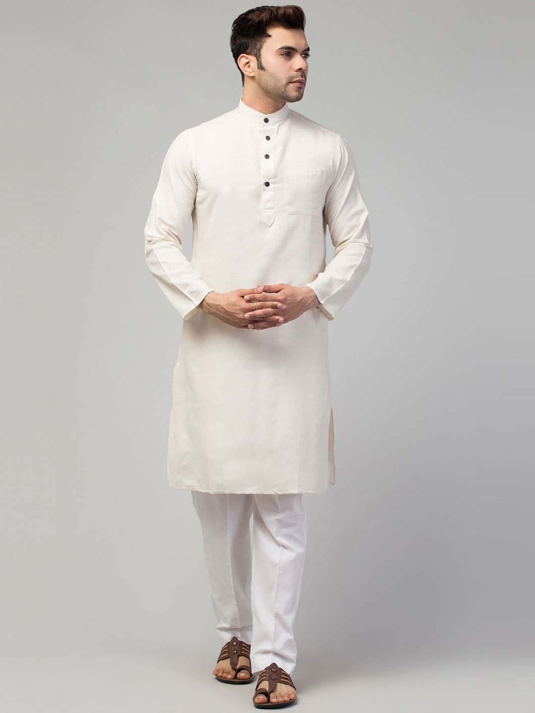 

MUSHKIYA Band Collar Geometric Thread Work Straight Kurta, White