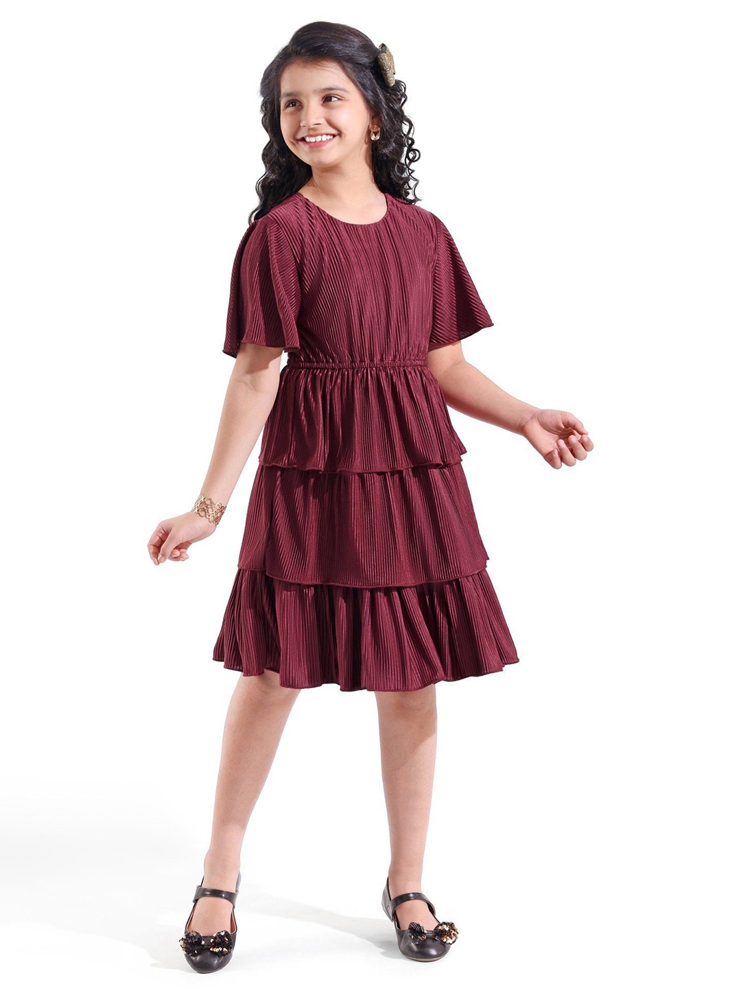 

Hola Bonita Girls Layered Flared Sleeves Fit and Flare Dress, Maroon