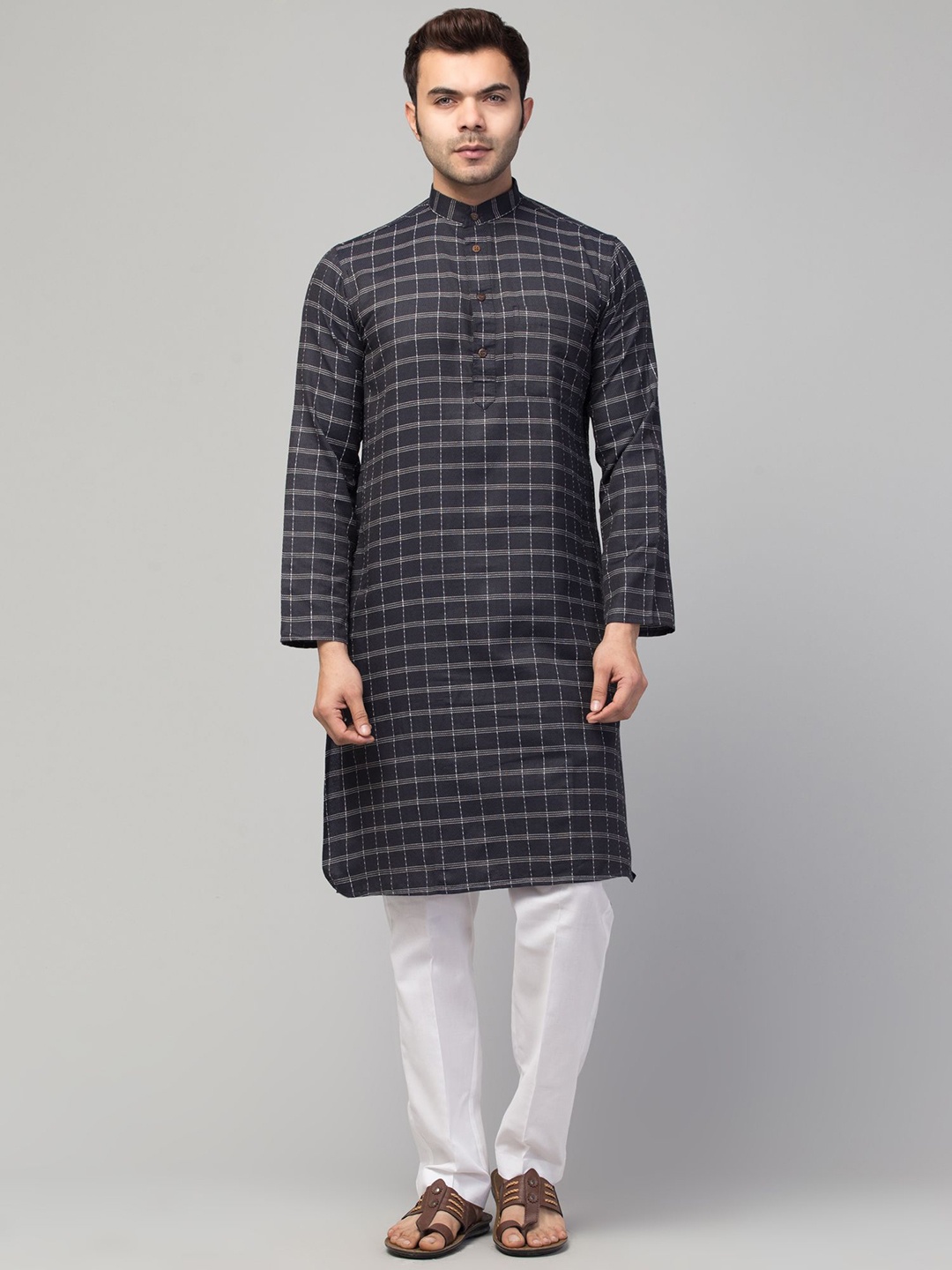 

MUSHKIYA Checked Mandarin Collar Cotton Kurta, Blue