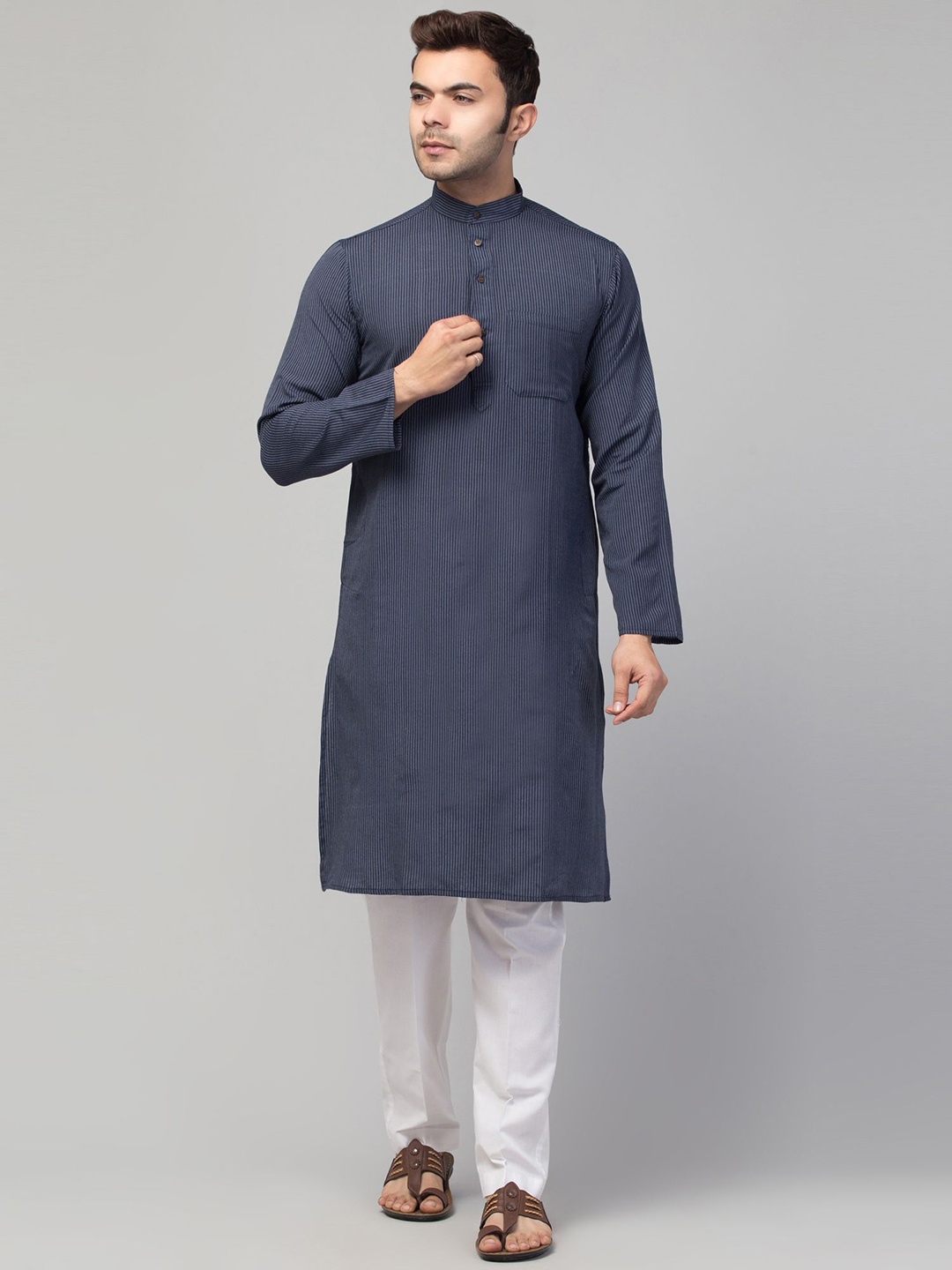

MUSHKIYA Striped Band Collar Straight Kurta, Blue