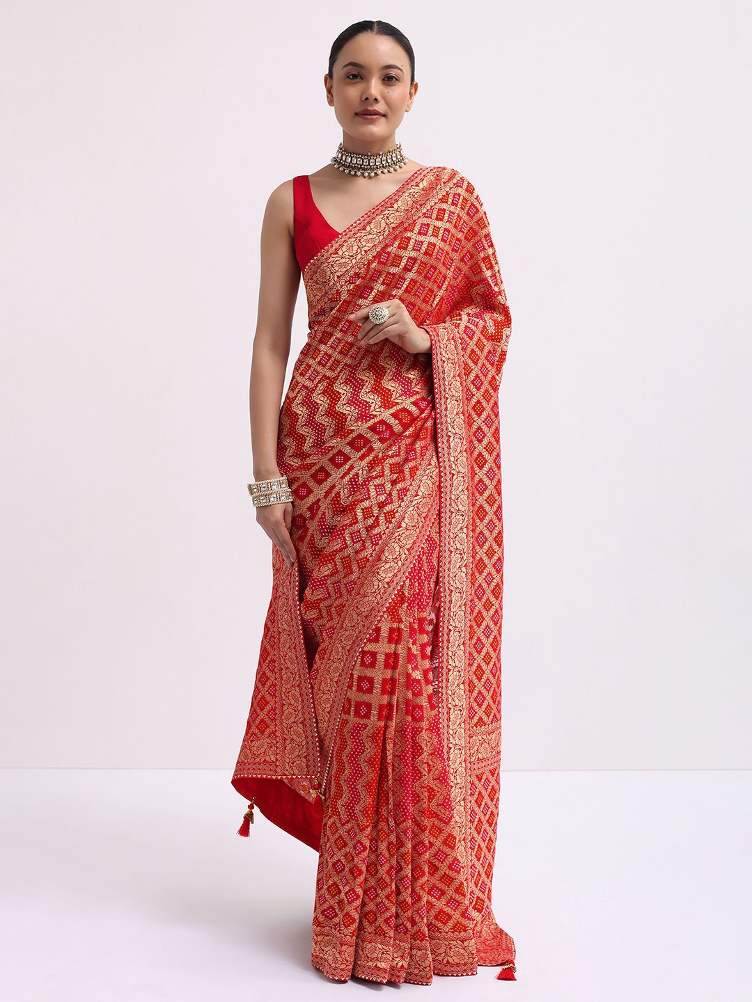 

KALKI Fashion Checked Zari Pure Georgette Saree, Red