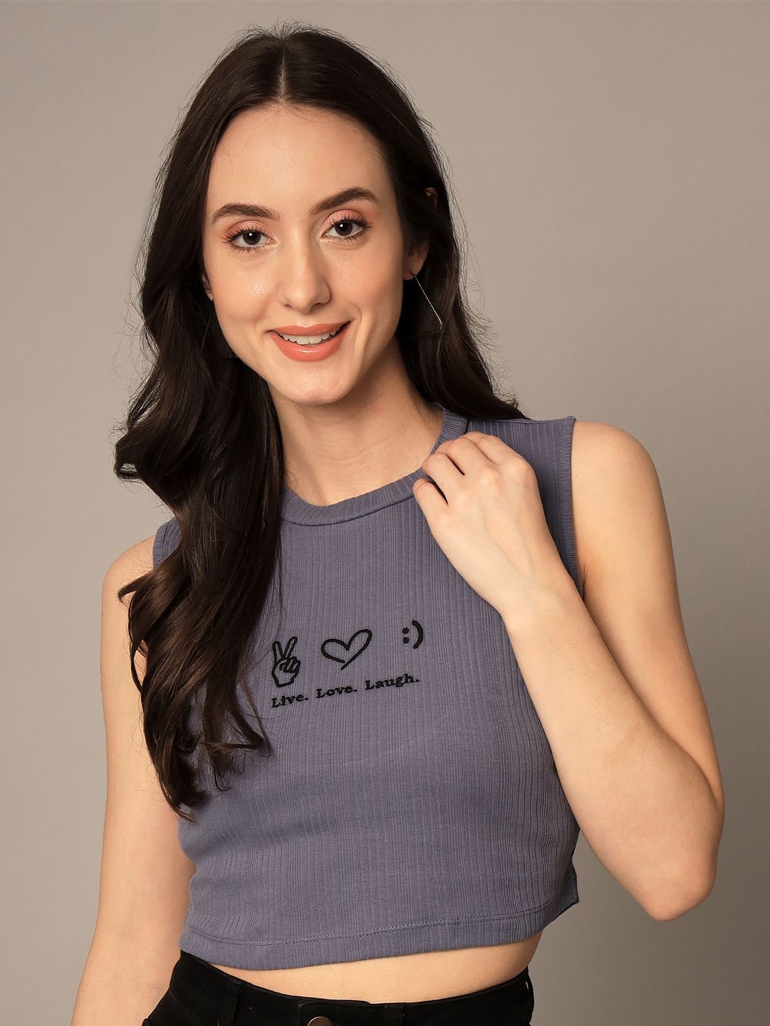 

Yaadleen Women Typography Printed Round Neck Pure Cotton Top, Grey