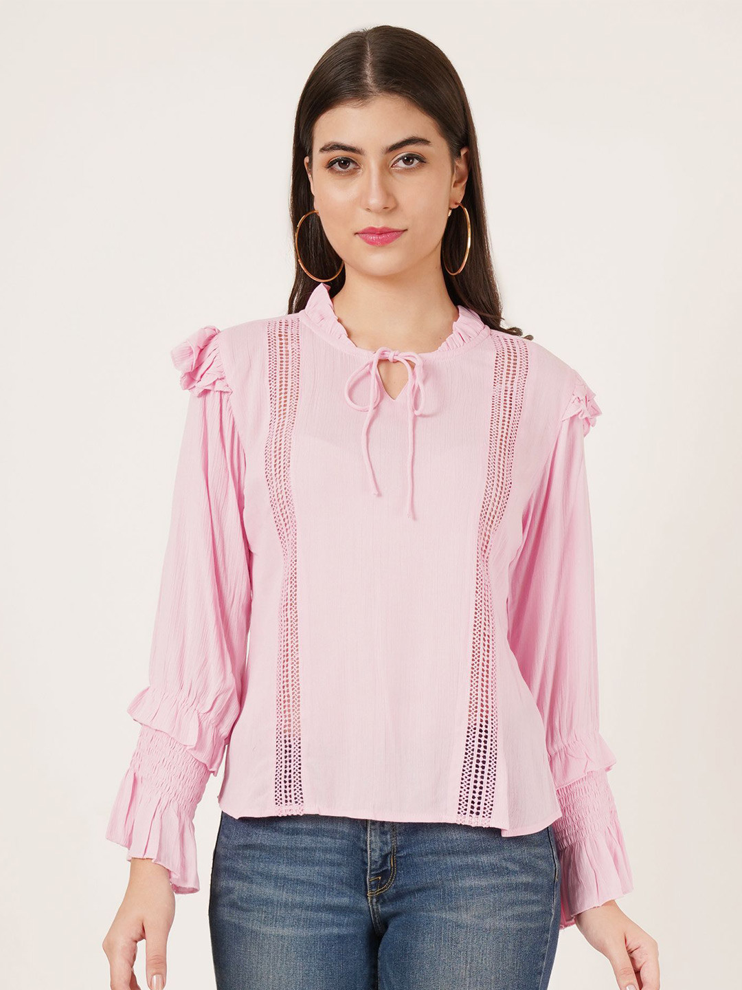

Karmic Vision Women Self Design Tie-Up Neck Top, Pink