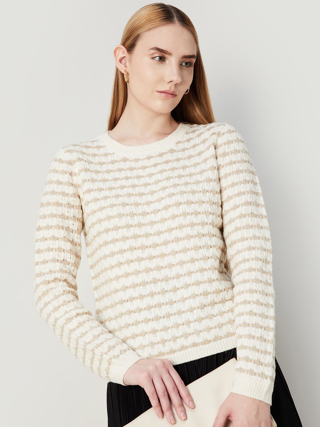 

CODE by Lifestyle Women Striped Round Neck Top, Off white