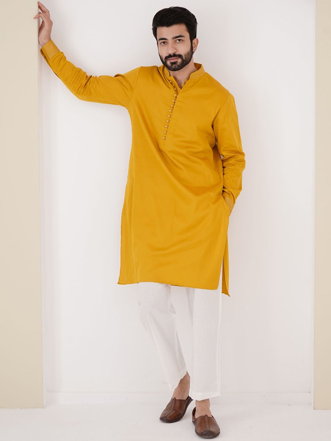 

NERO Mandarin Collar Cotton Straight Kurta, Mustard