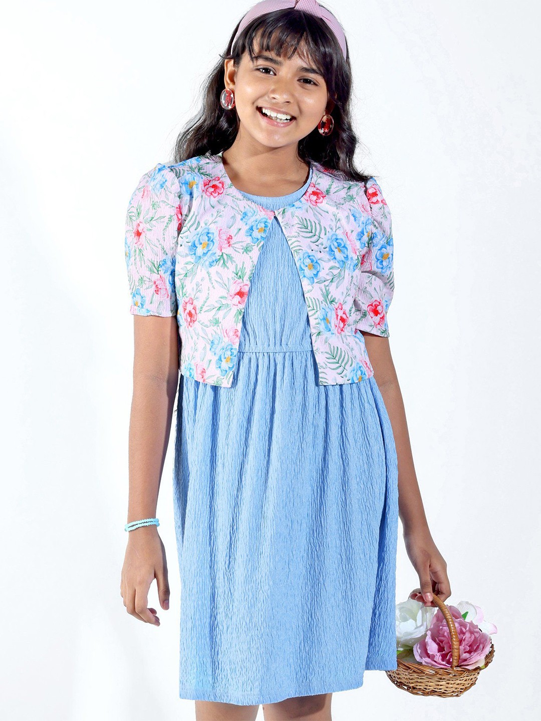 

Hola Bonita Girls Solid Fit & Flare Dress With Floral Printed Jacket, Blue