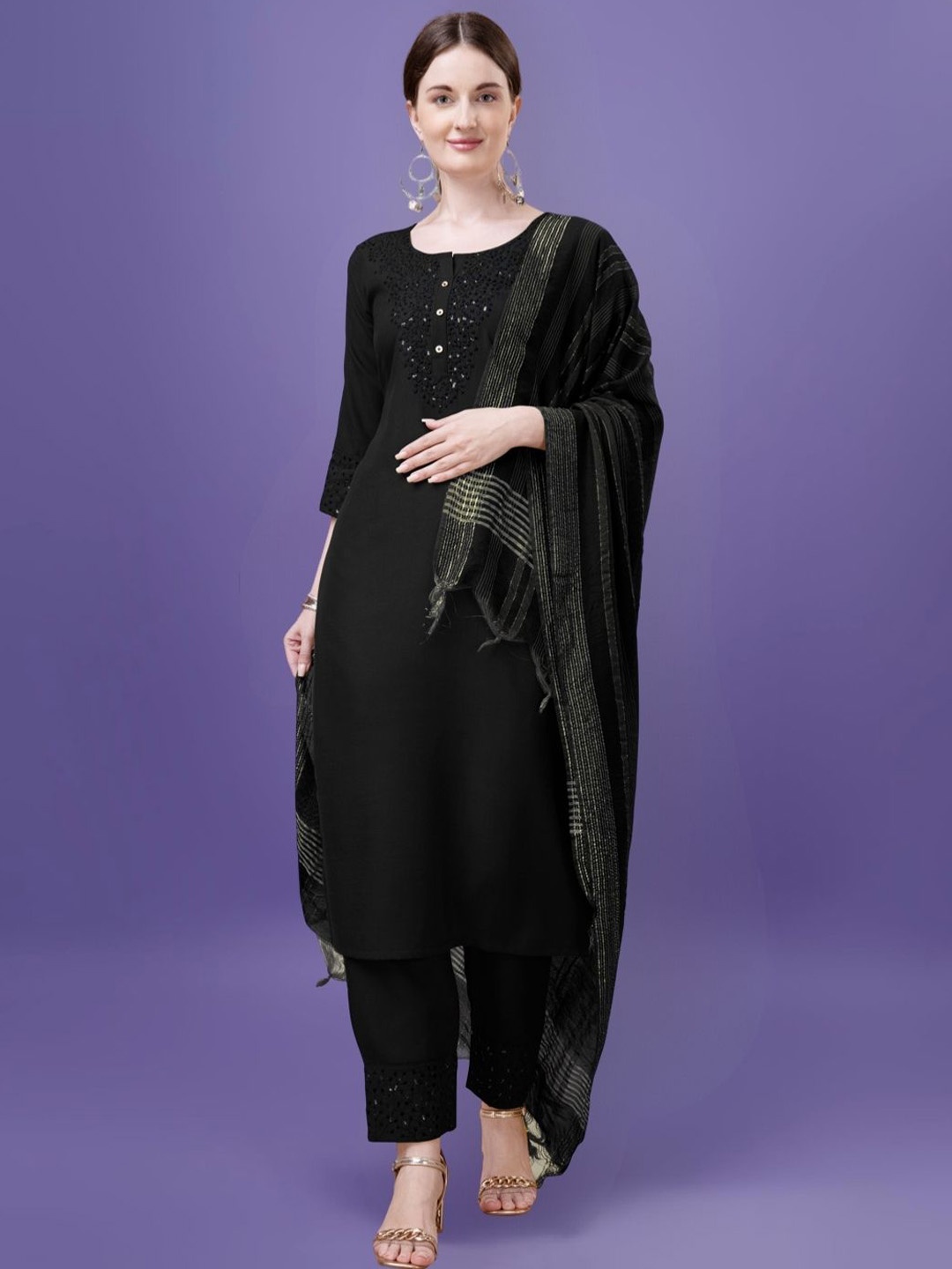 

MAGMINA Floral Embroidered Thread Work Straight Kurta With Trousers & Dupatta, Black