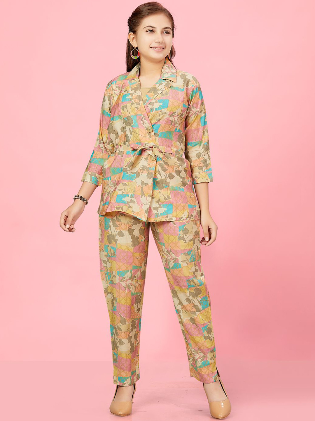 

BAESD Girls Printed Pure Silk Clothing Set, Peach