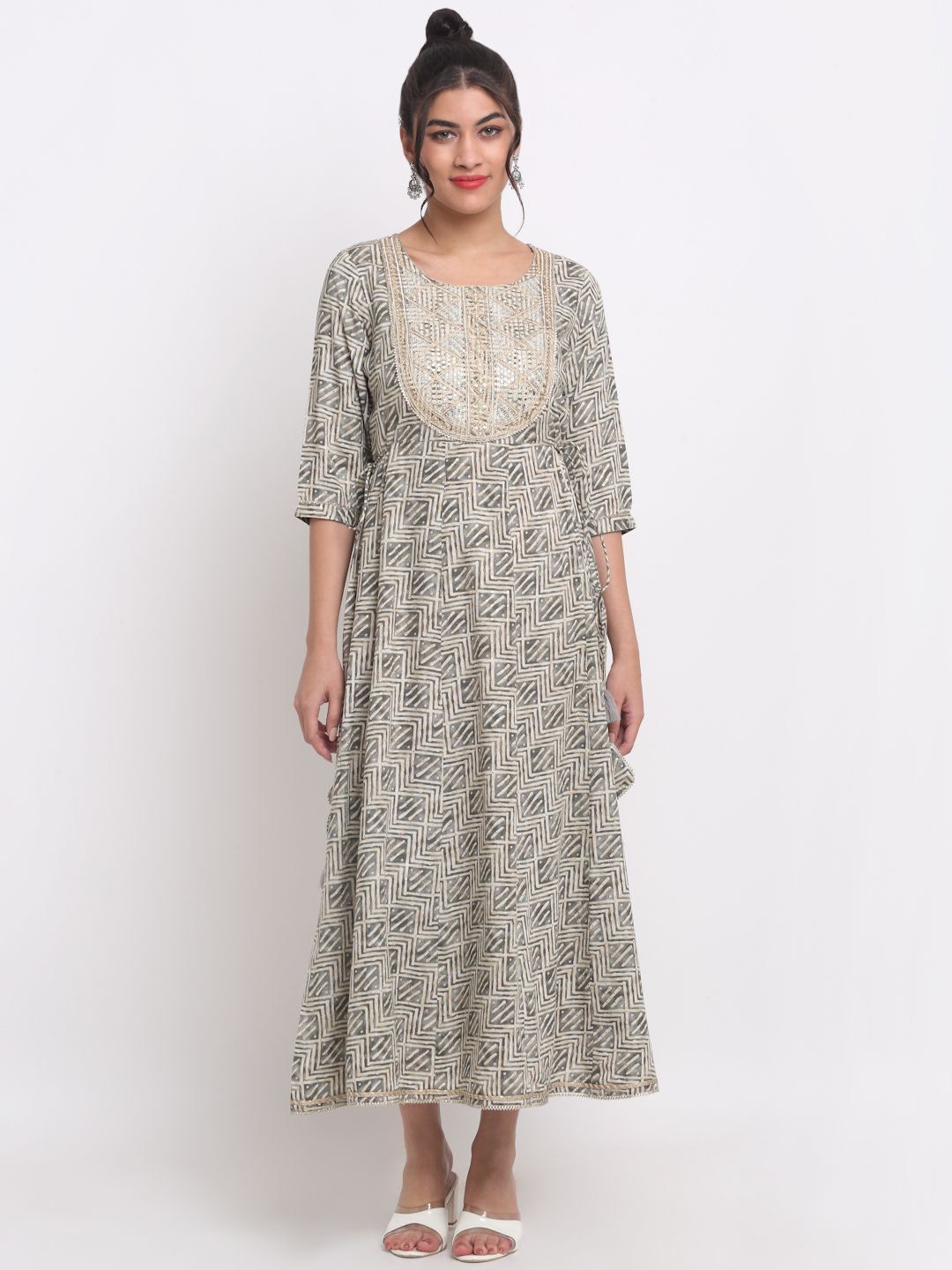 

KALINI Abstract Printed Fit and Flare Ethnic Dress, Grey