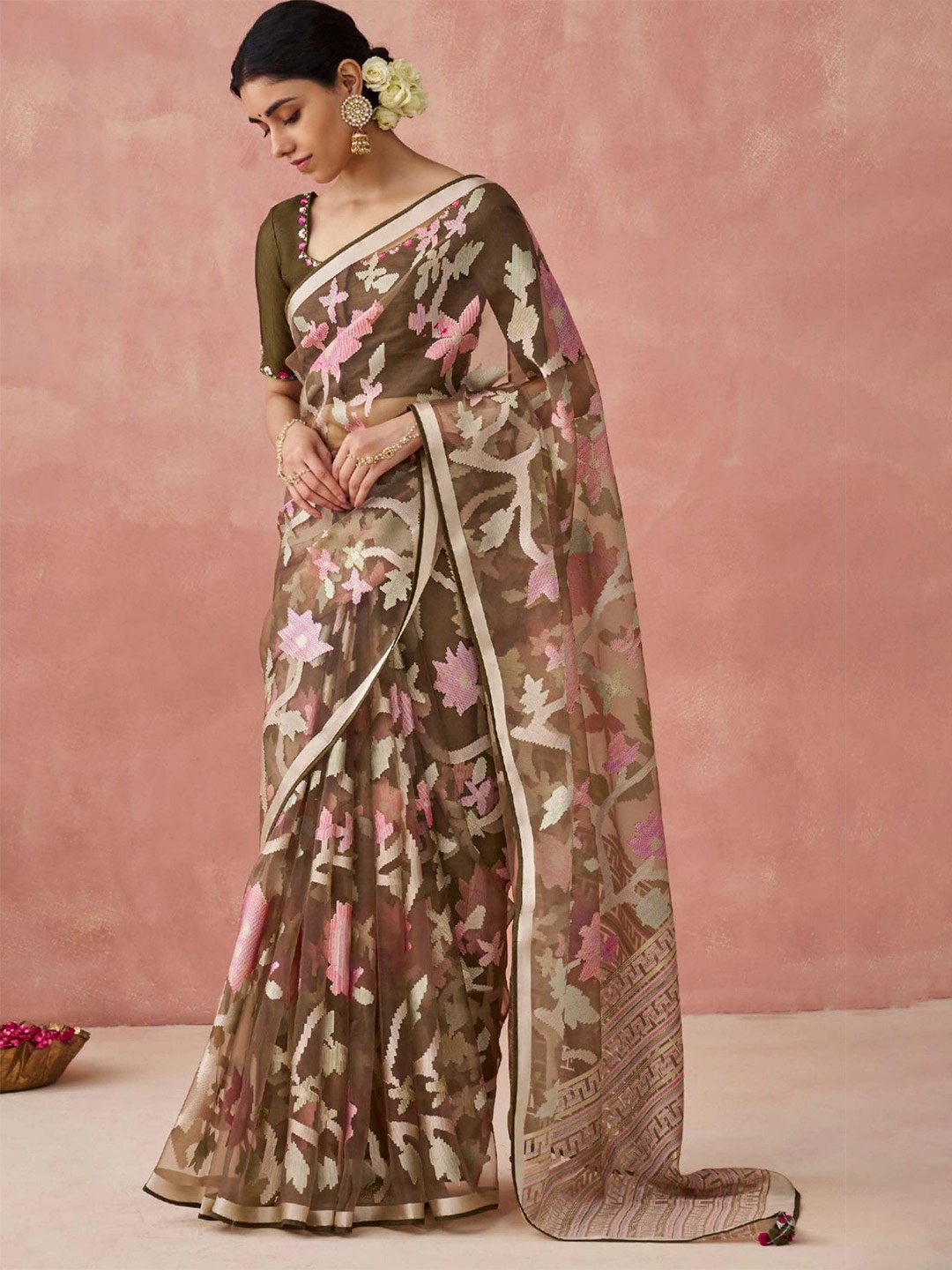 

MySilkLove Printed Floral Saree, Brown