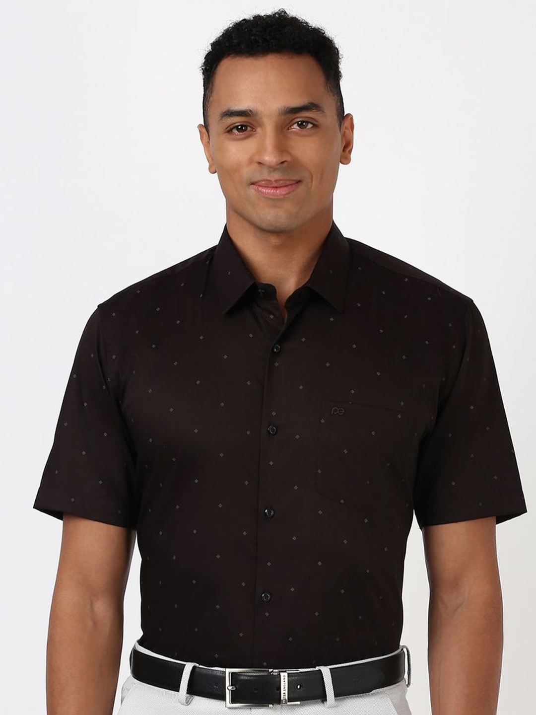 

Peter England Men Spread Collar Micro Ditsy Printed Cotton Formal Shirt, Brown