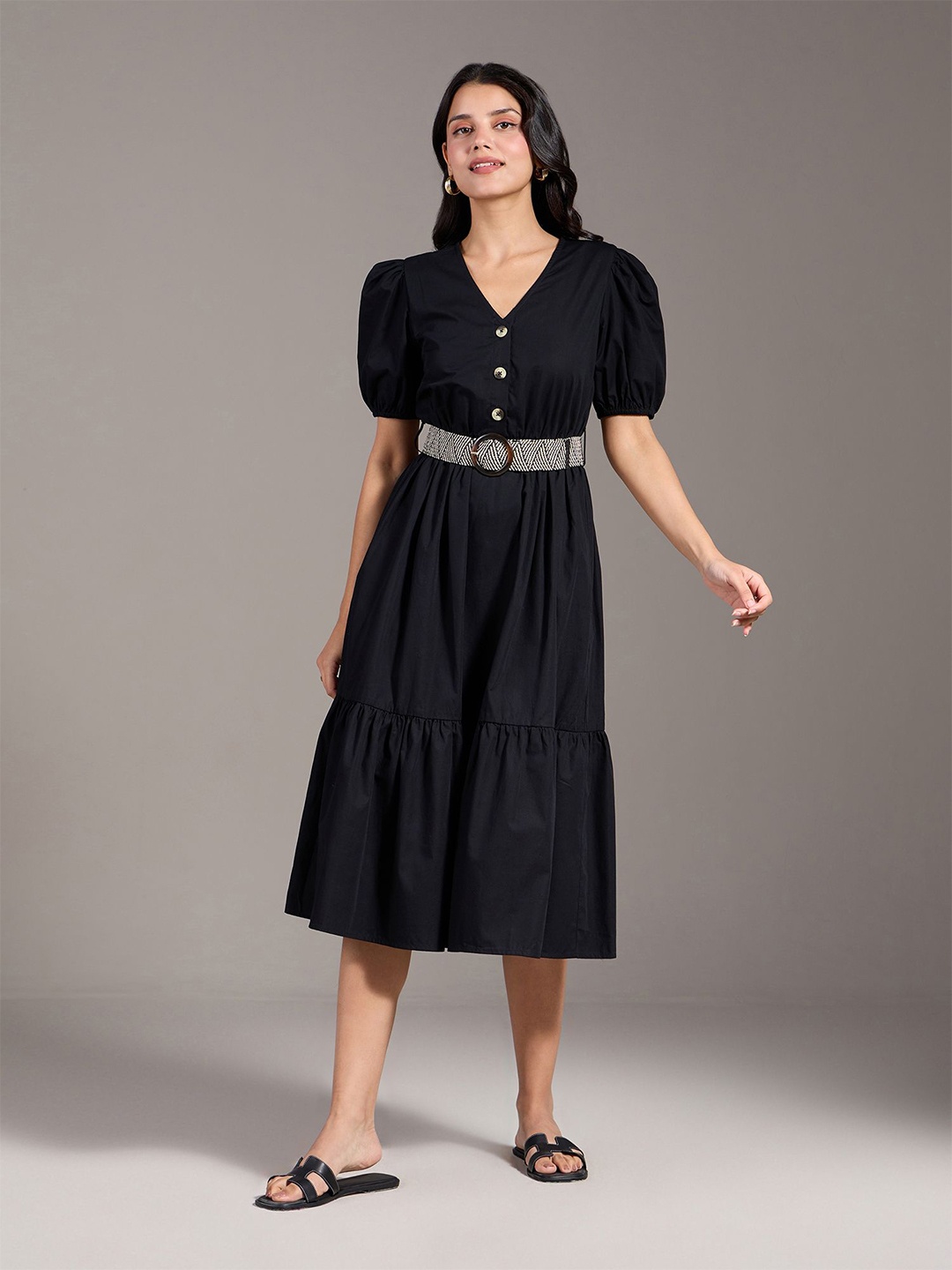 

20Dresses Puff Sleeve A-Line Midi Dress, Black