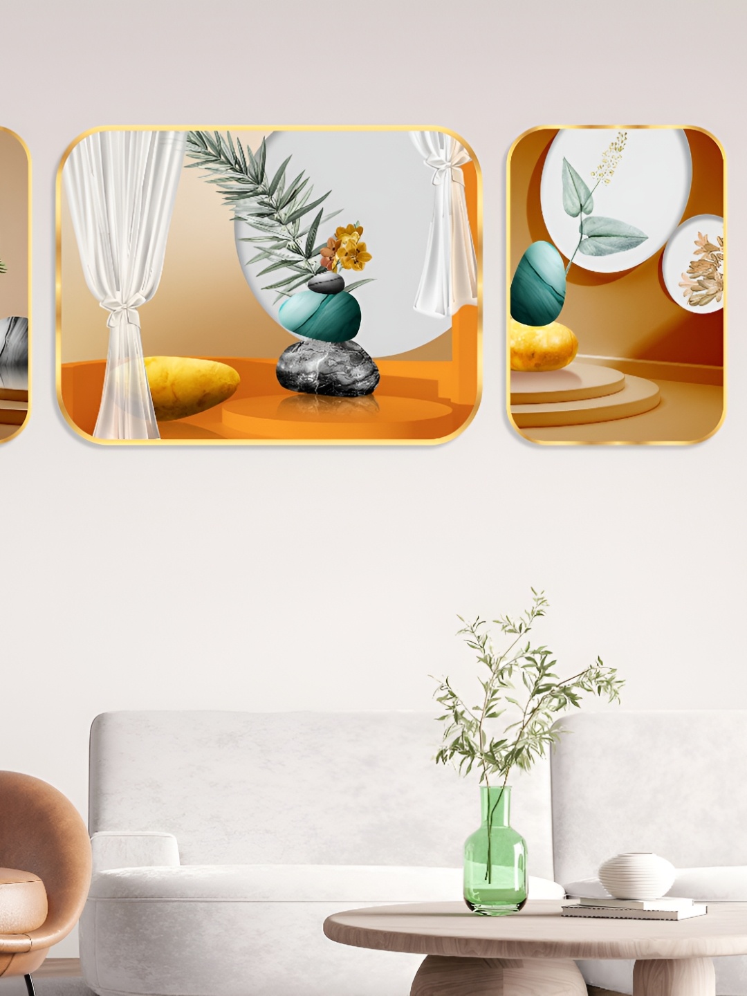 

Aura Orange Coloured & White 3 Pieces Floral and Botanical Golden Frame Wall Art