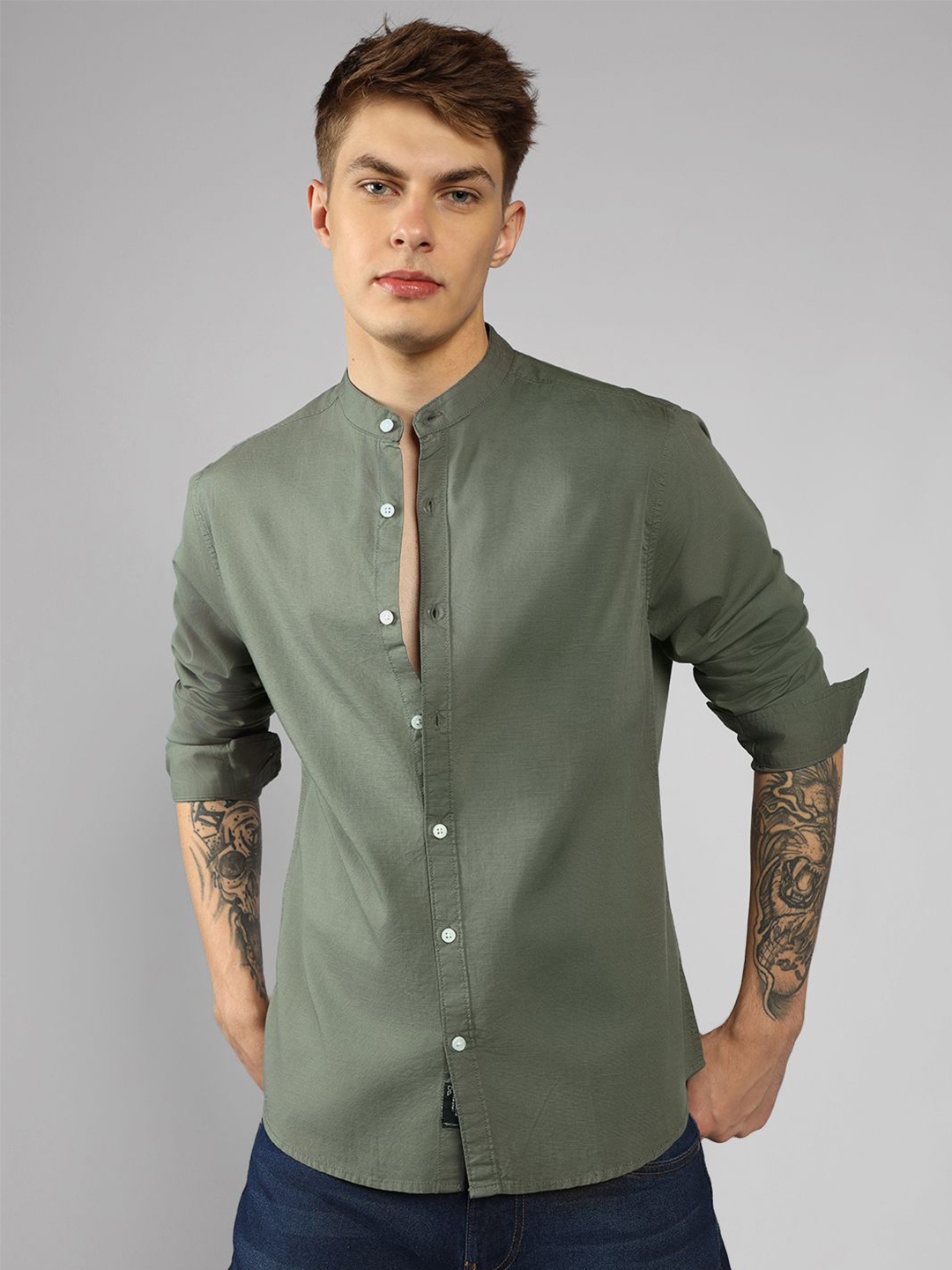 

Dennis Lingo Men Mandarin Collar Solid Cotton Casual Shirt, Green