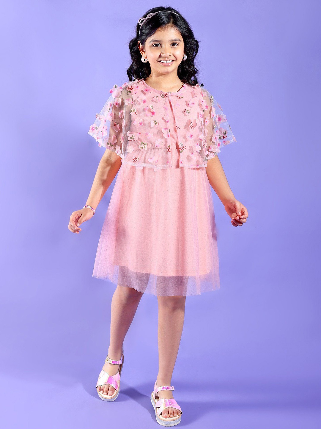 

Hola Bonita Girls Floral Net Cape Sleeve Fit & Flare Dress, Peach