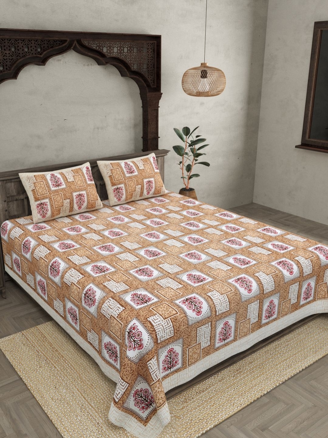 

JAIPUR FABRIC Brown Ethnic Motifs 144 TC Pure Cotton King Bedsheet with 2 Pillow Covers